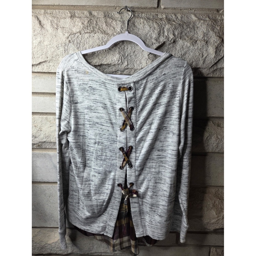 Maurices Womens Gray Space Dye Plaid Layered Lace‎ Up Back Top Size L